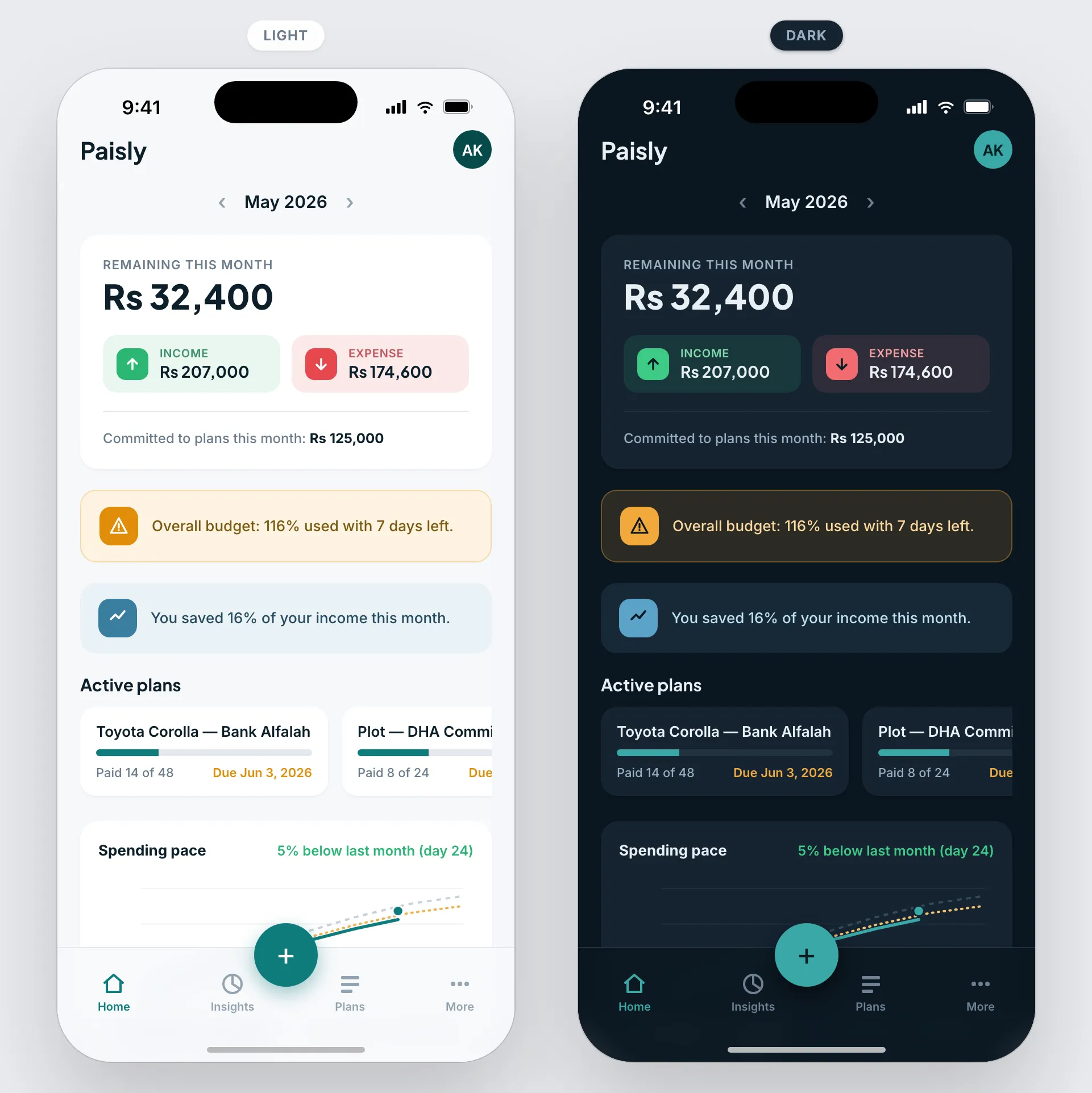 Monthly overview screen in light and dark themes showing remaining balance, income, expenses, budget warning and active installment plans